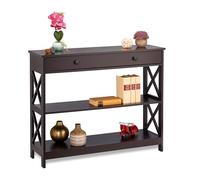 Relaxdays Consola Recibidor con Cajón, 3 Tableros, 80 x 100 x 30 cm, Mesa Auxiliar Pasillo, Salón, Estrecha, MDF, Marrón