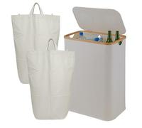 Relaxdays Contenedor, 140 l, hasta 60 Botellas, 2 Bolsas Interiores, recolector para Vidrio y plástico, Poliéster, Bambú, 68,5 x 57 x 37 cm