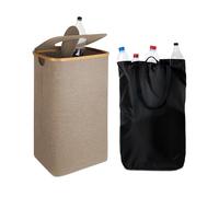 Relaxdays Contenedor de Botellas de Reciclaje 100 l, Bolsa Lavable, HBT 70 x 42 x 34 cm, con Tapa, Fieltro, Beige, Gomaespuma, Bambú