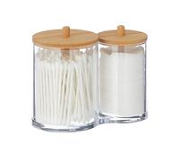 Relaxdays Contenedor Doble Bastoncillos Algodón, Plástico, Tapa de Bambú, Organizador Tocador, Transparente y Natural