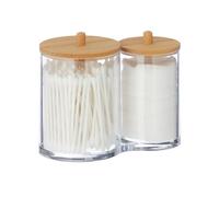 Relaxdays Wattepads-und Wattestäbchen-Behälter Contenedor Doble Bastoncillos Algodón, Plástico, Tapa de Bambú, Organizador Tocador, Transparente y Natural, 12 x 15 x 8.5 cm