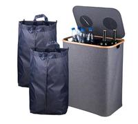 Relaxdays Contenedor Reciclaje, 140 l, hasta 60 Botellas, 2 Bolsas, Gris, Poliéster, Plástico, Bambú, 68,5 x 57 x 37 cm