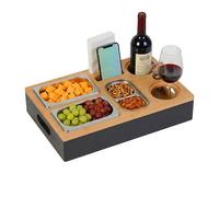 Relaxdays Couchbar, bambú, 3 cuencos inox para snacks, negro/natural | Porta bebidas, soporte móvil, bandeja para sofá
