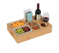 Relaxdays Couchbar, bambú, 3 Cuencos INOX para Snacks, Soporte para Botellas, Vasos y móvil, Bandeja para sofá, Natural