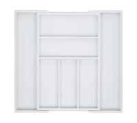 Relaxdays Cubertero Cajón Extensible, Largo Variable, 5-7 Compartimentos, Organizador Cubiertos Bambú, 5x48x46cm, Blanco