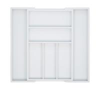 Relaxdays Cubertero Cajón Extensible, Largo Variable, 5-7 Compartimentos, Organizador Cubiertos Bambú, 5x48x46cm, Blanco