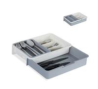 Relaxdays Cubertero Extensible, 7 Compartimentos, Organizador de Cubiertos Cajón, PP, 1 Ud, 6x23,5x31,5 cm, Gris