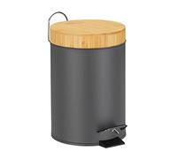 Relaxdays Pedal Cubo Basura Baño, 3 L, Mecanismo de Cierre Suave, Tapa Bambú, Interior Extraíble, Papelera Aseo, Gris, 24.5 x 17 x 23 cm