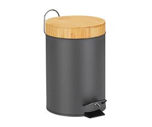 Relaxdays Cubo Basura Baño, 3 L, Mecanismo de Cierre Suave, Tapa Bambú, Interior Extraíble, Papelera Aseo, Gris