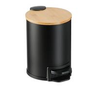 Relaxdays Cubo Basura Baño 3 L, Papelera Aseo y Tocador, Tapa Bambú, Cierre Soft Close, Bote Interior Extraíble, Negro, Hierro, 22,5 x 17 x 23 cm
