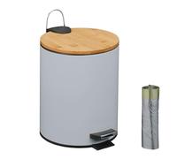 Relaxdays 5 litros Cubo Basura Baño, Papelera Cocina, Tapa Automática Bambú, con Bolsas, Bote Interior Extraíble, Gris