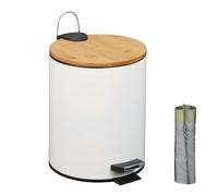 Relaxdays Cubo Basura Baño 5 Litros, Papelera Cocina, Tapa Automática Bambú, con Bolsas, Bote Interior Extraíble, Blanco