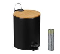 Relaxdays Cubo Basura Baño 5 Litros, Papelera Cocina, Tapa Automática Bambú, con Bolsas, Bote Interior Extraíble, Negro