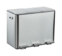 Relaxdays Cubo basura triple, Papelera 3 Compartimentos 15 L cada uno, Botes Interiores Extraíbles, con Pedal, Plateado