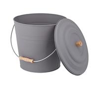 Relaxdays Cubo Cenizas con Tapa, 12 litros, Accesorio Chimenea, BBQ, Acero y Madera, Contenedor Ceniza con Asa, Gris