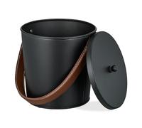 Relaxdays Cubo Cenizas con Tapa 4,5 L, Recipiente con Asa de Cuero, para Carbón y Restos de Leña, Estufa, Negro/Marrón, Piel auténtica