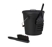 Relaxdays Cubo Cenizas con Tapa y Set Barrido, 19L, Incluye Escoba y Recogedor de Chimenea, Contenedor Ceniza Asa, Negro