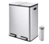 Relaxdays Cubo de basura, 2 compartimentos, 2x30 l, plateado | cubos extraíbles, cierre suave, pedal, acero inoxidable