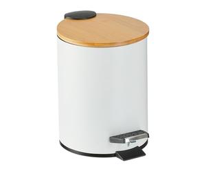 Relaxdays Cubo de Basura Baño 3 litros, Papelera WC, Tapa de Bambú, Cierre Soft Close, Bote Interior Extraíble, Blanco