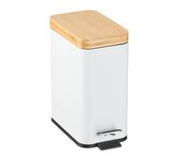 Relaxdays Cubo de Basura Baño 5 litros, Papelera Tapa de Bambú, con Bote Interior Extraíble, Blanco