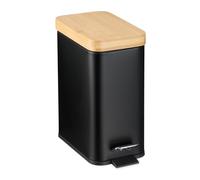 Relaxdays Cubo de Basura Baño 5 litros, Papelera Tapa de Bambú, con Bote Interior Extraíble, Negro, 29,5 x 14 x 29 cm