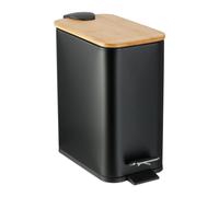 Relaxdays Cubo de Basura Baño 5 L, Rectangular, Papelera con Pedal, Tapa Bambú, Bote Interior Extraíble, Metal, Negro, 28,5 x 14,5 x 27 cm