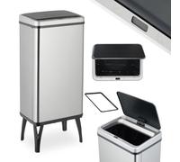 Relaxdays Cubo de Basura Cocina Sensor, 50L, Tapa Eléctrica, Soporte Bolsas, Papelera Automática Acero Inoxidable, Plata, Plástico