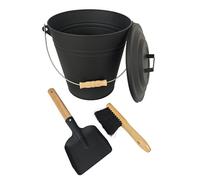 Relaxdays Cubo para Cenizas con Tapa, 15 L, Incluye Cepillo y Pala para Chimenea, con asa, Negro/Natural