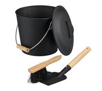 Relaxdays Cubo para Cenizas con Tapa y Set, 4,5 L, Incluye Cepillo y Recogedor, Contenedor de Carbón con Asa, Negro, Hierro