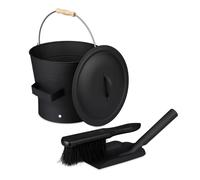 Relaxdays Cubo para Cenizas con Tapa y Set, 7,5 L, Incluye Cepillo y Recogedor, Contenedor de Carbón con Asa, Negro, Hierro, 7 L