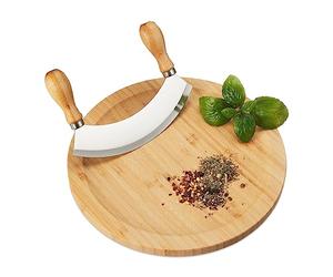 Relaxdays Cuchillo Media Luna con Tabla Bambú, Tajadera de Hierbas, Cuchilla Queso Acero Inox., Ø25cm, Natural/Plata