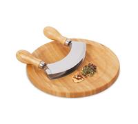 Relaxdays Kit Cuchillo Media Luna y Tabla Madera Ø20 cm, Tajadera Doble Hoja Acero, Picador Hierbas, Natural/Plata, Bambú, 12,5 x 13,5 x 2,5 cm
