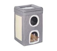 Relaxdays Casa para Gatos con 2 Cuevas, Nivel Superior Abierto, Cama Gatitos, con Rascador, 63x40x40 cm, Gris y Blanco