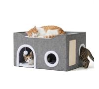 Relaxdays Cueva para Gatos, Al x An x F: 34 x 60 x 40 cm, rascador, Pelota, 2 Cojines, casa Plegable para Gatos, Gris
