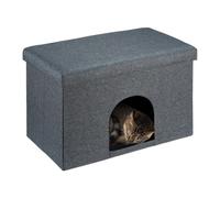 Relaxdays Color Gris Cueva para Gatos con Asiento, Taburete Plegable con Casita para Perros y Felinos, 38,5 x 64,5 x 37,5 cm, Tablero de Fibras