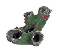 Relaxdays Decoración Acuario, Forma de Tronco, Figura Pecera, Cueva para Peces y Gambas, 6,5 x 15 x 10 cm, Gris y Verde