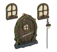 Relaxdays Decoración Árbol Puerta Hada, Set de 4 Piezas, 2 Ventanas, 1 Farolillo, Resistente a la Intemperie, Multicolor