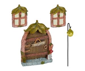 Relaxdays Decoración Árbol Puerta Hadas, Set de 4 Piezas, 2 Ventanas, 1 Farol, Resistente a la Intemperie, Multicolor