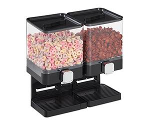 Relaxdays Dispensador Cereales Doble, Dosificador Frutos Secos, Recipiente Granola, Chuches, Bote Avena, Plástico, Negro