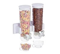 Relaxdays Dispensador Cereales Doble, Montaje Pared, Dosificador Frutos Secos, Botes Caramelos, Avena, Plástico, Blanco, 1 Pieza