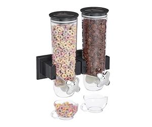 Relaxdays Dispensador Cereales Doble, Montaje Pared, Dosificador Frutos Secos, Botes Caramelos, Avena, Plástico, Negro