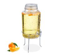 Relaxdays Dispensador Bebidas con Soporte, Recipiente Limonada 5 L, Grifo, Cierre de Pinza, Cristal, Transparente
