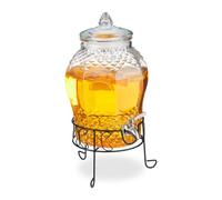 Relaxdays Dispensador Bebidas con Soporte, Recipiente Limonada 8 L, Grifo Acero Inoxidable y Tapa, Cristal, Transparente
