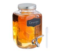 Relaxdays Dispensador Bebidas, Accesorio para Fruta, Recipiente Limonada 4 L, Grifo y Tapa, Cristal, Metal, Transparente