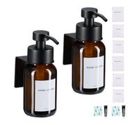 Relaxdays Dispensador Jabón, 2 Uds, 250ml, Vidrio Ámbar, Acero Inoxidable, Dosificador Pared Adhesivo, Marrón/Negro, 2 Unidades