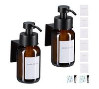 Relaxdays Dispensador Jabón, 2 Uds, 250ml, Vidrio Ámbar, Acero Inoxidable, Dosificador Pared Adhesivo, Marrón/Negro, 2 Unidades