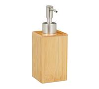 Relaxdays Dispensador Jabón, 200 ml, Dosificador Champú y Gel, Botella Rellenable, Baño, Cocina, Bambú, Natural/Plateado