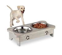 Relaxdays Dog Bowls with Stand Comedero Elevado Perro, Soporte con Huellitas, 2 Cuencos Comida 750ml, Madera Mango y Acero Inoxidable, Gris, 10 x 40,5 x 21 cm