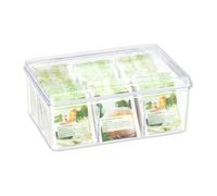 Relaxdays Caja para té e infusiones, Seis compartimentos, Para 90 bolsitas, Tapa abatible, 9 x 21 cm, Transparente