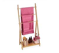 Relaxdays Escalera Estante Toallero de Pie Bambú, 3 Brazos, 1 Balda, 110 x 53 x 31,5 cm, Plegable, Colgador Toallas Baño y Aseo, Natural, 110 x 53 x 31.5 cm